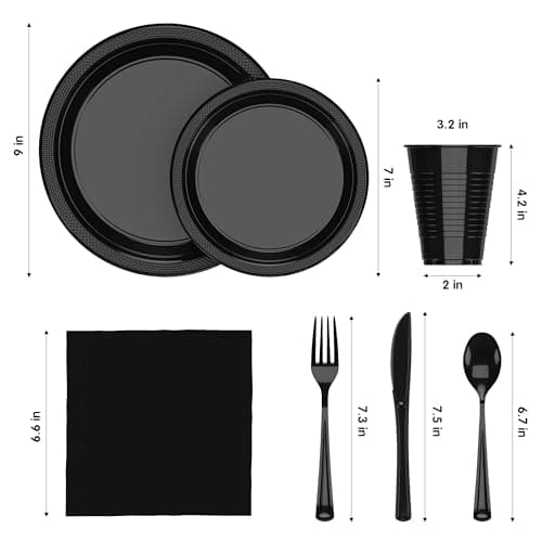 350 Pcs Black Plastic Plates for Party, Black Disposable Plates Set, 50 of Each 9" Dinner Plate Set, 7" Dessert Plate, Cups, Napkins & Cutlery Plastic Dinnerware Set Exquisite