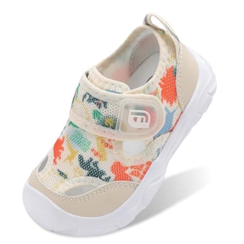 JOINFREE Closed Toe Water Sandals for Toddlers Wide Fit Quick-Dry Aqua Shoes with Anti-Collision Toe for Summer Activities Beige Dinasour Size 8