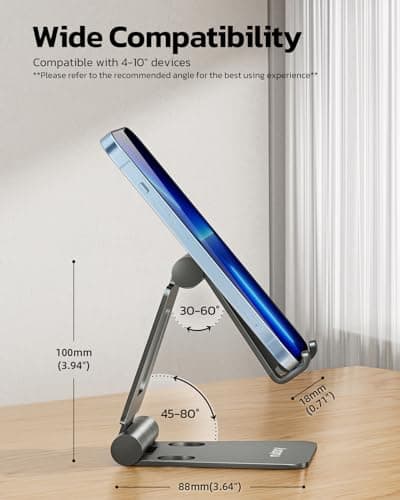 Nulaxy Dual Folding Cell Phone Stand, Fully Adjustable Foldable Desktop Phone Holder Cradle Dock Compatible with iPhone 17 16 15 14 13 12 11 Pro Max Xs Xr X 8, Nintendo Switch, All Phones - Gray — view 2