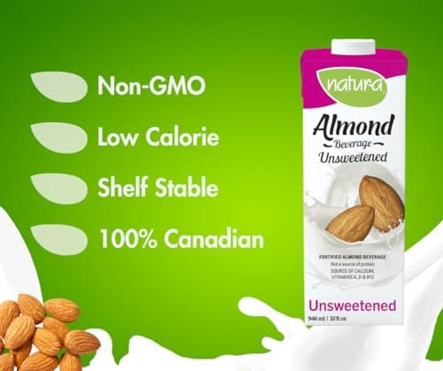 NATURA Fortified Almond Milk - Unsweetened - Barista Approved - Gluten Free - Dairy Free - Vegan - Shelf Stable - Plant Based Beverage - Non-GMO - Made in Canada | 946ml — view 3