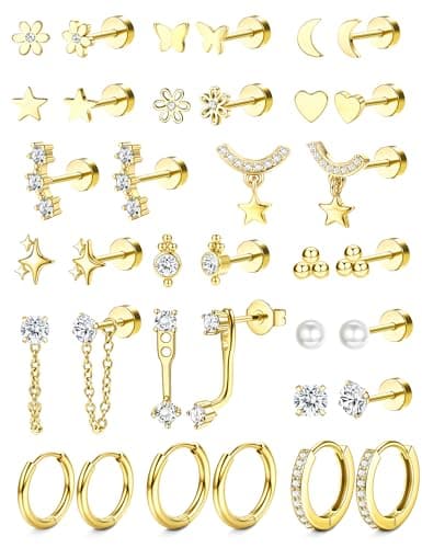 Hypoallergenic Flat Back Earrings 14K Gold Plated Cartilage Earring Stacks for Sensitive Ears Surgical Steel Small Huggie Hoops Flatback Stud Earrings Set for Multiple Piercing Jewelry 14k Gold Plated