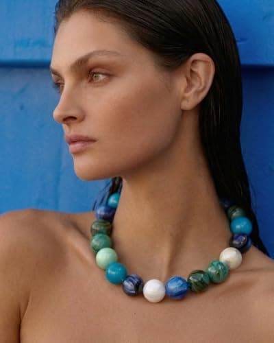 FAUTHENTICUTE Blue Beaded Choker Necklace for Women Boho Chunky Statement Necklace with Blue and Green Round Resin Beads Summer Beach Jewelry Gifts — view 2