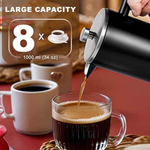 SZHETEFU 34 OZ Large French Press, Premium Stainless Steel Sturdy Insulated French Press Coffee Maker, 4-8 Cups French Coffee Press, Tea Presses for Home Kitchen Caming Loose Tea, Elegant Black — view 3