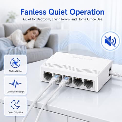 5 Port Gigabit Ethernet Switch, Unmanaged Network Switch 10/100/1000Mbps, Plug and Play Ethernet Splitter, Compact White Internet Hub, Fanless Desktop Wall Mount LAN Switch for Home Office, Gaming, TV — view 4