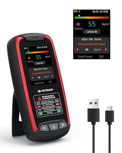 METRINARY Radon Detector for Home, Portable Radon Monitor with TFT Color Display, Rechargeable Radon Tester Quick Result 6 Hour, 504-Day Data Storage with Audible & Visual Alarm (pCi/L or Bq/m³)