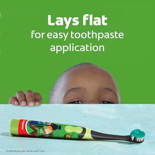 Colgate Kids Battery Powered Minecraft Toothbrush, Extra Soft Kids Battery Toothbrush with 1 AA Battery Included, Made for Ages 3 and Up, Features Easy On and Off Switch, Flat Lay Handle, 1 Count — view 4