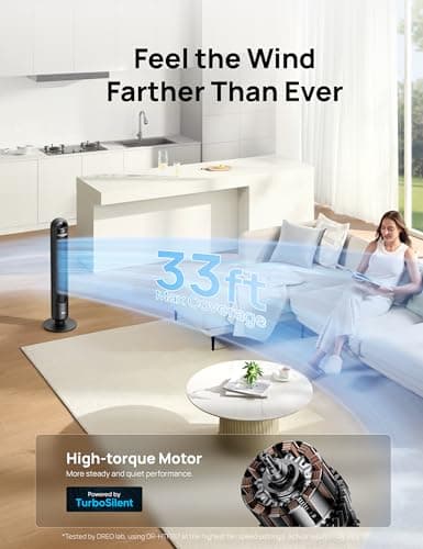 DREO Tower Fan for Bedroom, 90° Oscillating Standing Fans for Room with 4 Speeds, 3 Modes, 28dB Quiet for Sleep, 26ft/s Velocity, 8H Timer, Remote, Living Room, Office, Home, Black — view 2