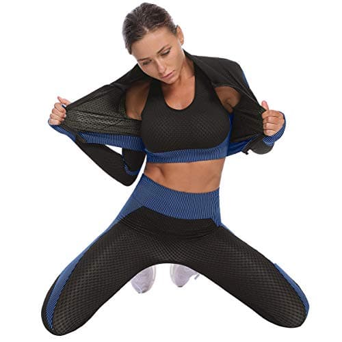 OLCHEE Women’s 3 Piece Workout Outfit Set Sports Bra Jacket and Leggings Blue L — view 2