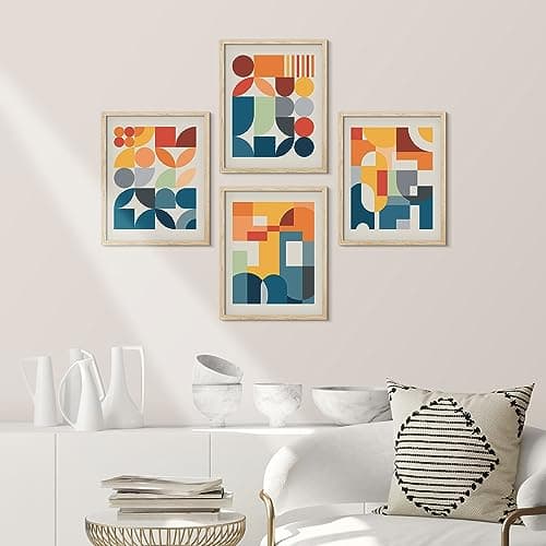 SIGNWIN Framed Mid-Century Modern Colorful Geometric Polygons Wall Art, Set of 4 Abstract Geometric Wall Decor Prints, Nature Wilderness Wall Décor for Living Room, Bedroom - 12"x16" Natural