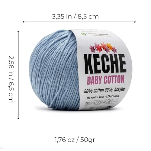 Keche Baby Cotton, 60% Cotton 40% Acrylic Yarn, Soft Cotton Yarn for Crochet and Knitting, Amigurumi Yarn 1 Skein/Ball 1.76 Oz (50g) / 180 Yrds (165m) - Light Blue