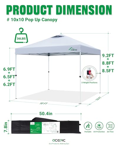 Acepic 10x10 Pop Up Canopy Tent with 300D Silver-Coating Top,Easy Setup Canopy Tent Instant Portable Shelter with 1-Button Push and Wheel Carry Bag, 8 Stakes and 4 Canopy Weights (White, 10 * 10 S) — view 7