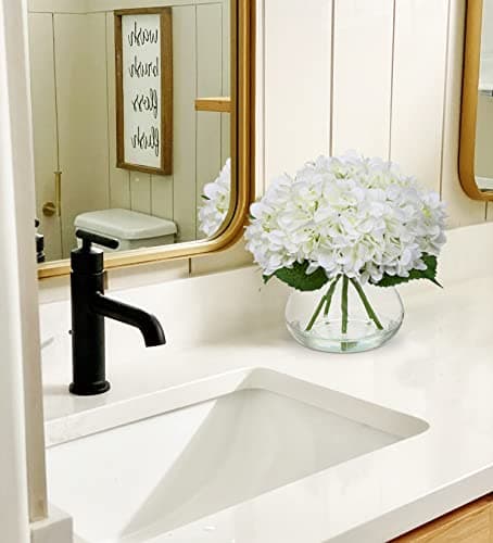 Hollyone Hydrangea Artificial Flowers with Vase White Silk Fake Flowers Arrangements in Glass Vase with Faux Water for Home Bathroom Office Table Centerpiece Shelf Decorations — view 3