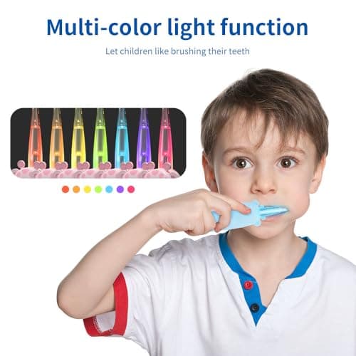 Kids Electric Toothbrush with Cute Cartoon Design, Multi-Color Light Function, Ages 3-8, Includes 2 Replacement Brush Heads and AAA Battery, Battery-Operated (Blue) — view 2