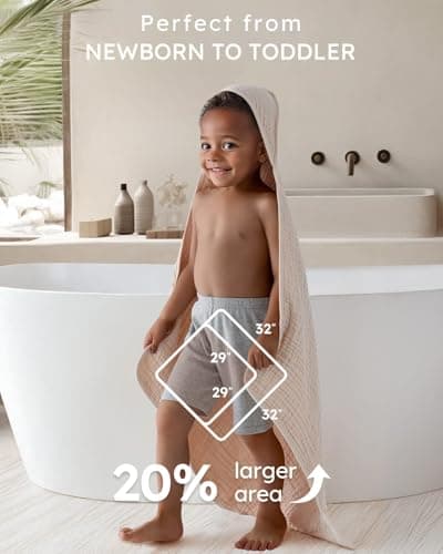 Yoofoss Hooded Baby Towels for Newborn 2 Pack 100% Muslin Organic Cotton Baby Bath Towel with Hood for Babies, Infant, Toddler and Kids, 32x32Inch, Soft and Absorbent Newborn Essential, Beige&Coffee — view 2