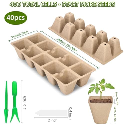 400 Cells Seed Starter Tray 40 Pack, Peat Pot Organic Biodegradable Seedling Pots Germination Trays with 100 Plant Labels for Vegetable Flower, Herbs, Indoor Outdoor Garden