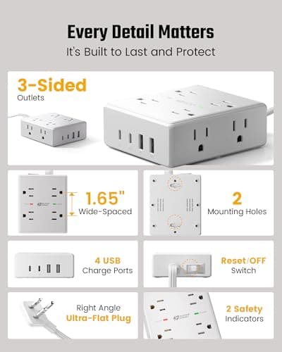Surge Protector Power Bar, SUPERDANNY 6 Ft Extension Cord with 8 Outlets & 4USB Ports (2 USB 2 C), Mountable Flat Plug Power Strip, Surge Protection for Home, Office, Dorm — view 6