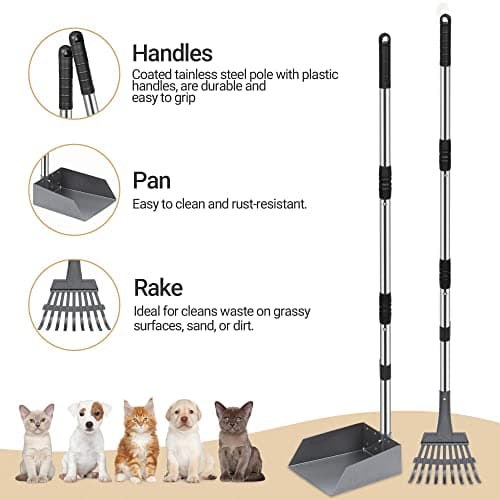 Heeyoo Dog Pooper Scooper, Dog Poop Tray and Rake Set, Pet Waste Removal Scoop with Long Adjustable Sectional Stainless Handles