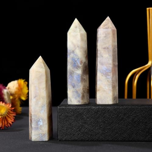 Runyangshi 1PCS Natural Crystal Moonstone Tower 1.96"-2.36" (5-6 cm) 6 Faceted Single Point Prism Healing Crystal Wand for Meditation Reiki Chakra Therapy — view 5