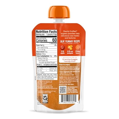Happy Baby Organics Stage 2 Baby Food Pouches, Gluten Free, Vegan & Healthy Snack, Clearly Crafted Fruit & Veggie Puree, Apples, Pumpkin & Carrots, 4 Ounces (Pack of 16) — view 8
