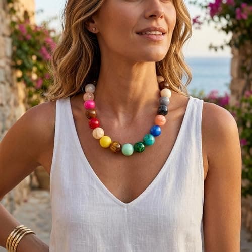 WOWORAMA Colorful Chunky Necklaces for Women Oversized Multicolor Resin Beads Choker Necklace Large Bold Statement Beads Ball Necklace Boho Holiday Jewelry — view 7