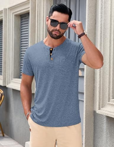 TARAINYA Men's Henley Shirts Cotton Button Short Sleeve Casual T-Shirts Homme with Pocket Grey Blue L