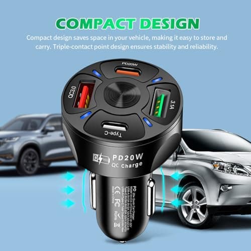 4 Ports Fast Car Charger Adapter,12V/24V Car Cigarette Lighter USB Charger Includes QC3.0/PD20W/Type-C/3.1A,Universal Cars Cigarette Lighter Adapter Cars Phone Chargers (Black) — view 4