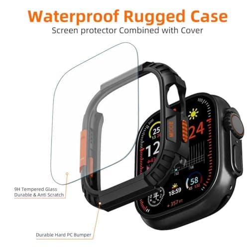 Zumyzu Rugged Case for Apple Watch 49mm Ultra 3/2/1 with Tempered Glass Screen Protector, Durable Hard PC Bumper Protective Face Cover for iWatch 49 mm Black — view 3