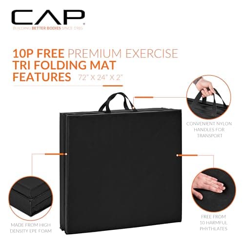 CAP Barbell Folding Exercise Mat – Durable, Anti-Tear, Thick Padding for Fitness, Aerobics, Gymnastics & Home Workouts. 72"L x 24"W x 2"Thick. BLACK — view 2