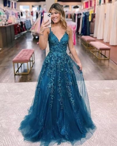 Pairuodas Tulle Lace Appliques Prom Dresses Long Spaghetti Straps A-Line Ball Gown V Neck Formal Evening Party Dress, Burgundy, 6 — view 3