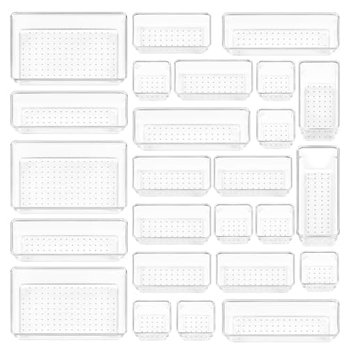 Vtopmart 25 PCS Plastic Clear Drawer Organizer, Acrylic Desk Drawer organizers, Organization and Storage for Makeup, Bathroom, Office, kitchen, Bedroom