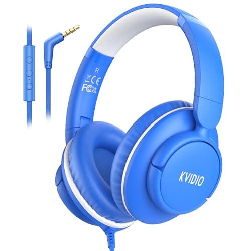 Wired Headphones with Microphone, Over Ear Lightweight Foldable 3.5mm Plug in Corded Headphones Wired with Volume Control, 4.9ft Tangle-Free Cord for Tablet Laptop MP3/4 School Travel Blue White