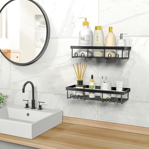 Moforoco Shower Caddy Shelf Organizer Rack, Self Adhesive Black Bathroom Shelves Basket, Home Farmhouse Wall Inside Organization and Storage Decor Rv Accessories, First Camper Apartment Essentials — view 6