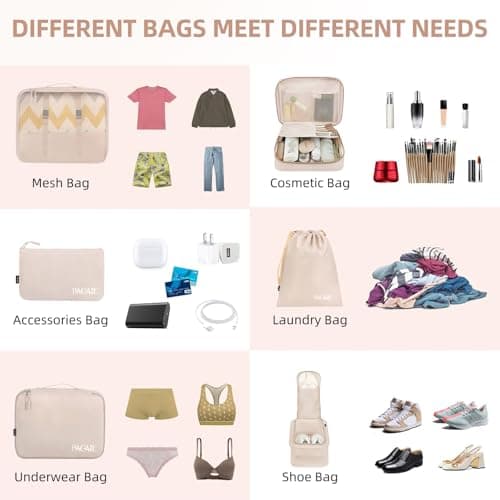 BAGAIL 8 Set Packing Cubes, Lightweight Travel Luggage Organizers with Shoe Bag, Toiletry Bag & Laundry Bag (Cream) — view 3