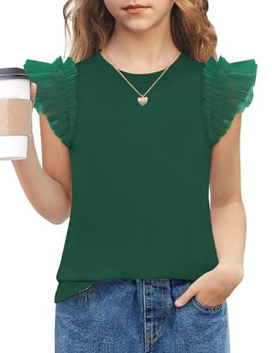 Arshiner Girls Size 7-8 Shirts Fashion Mesh Ruffle Flutter Sleeve Green Tops for Teen Girls Soft Summer Crewneck Kids Clothes