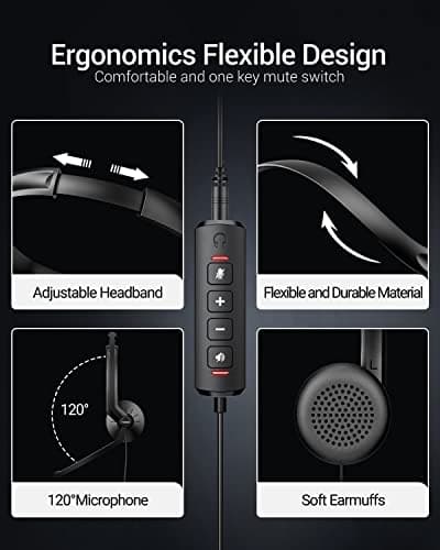 FEABASK USB Headset with Microphone for PC Laptop - Wired Computer Headphones with Noise Cancelling Microphone for Home Office Online Class Skype Zoom Meetings,in Line Mute Controls — view 4