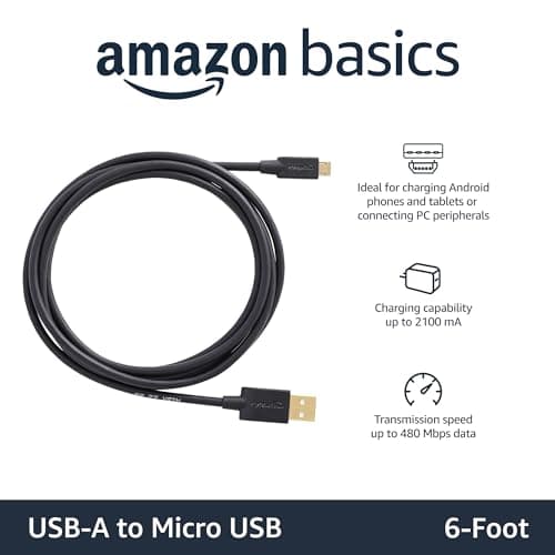 Amazon Basics USB-A to Micro USB Charging Cable, 480Mbps Data Transfer Speed, Gold-Plated Plugs, Compatible with Android Phones and Tablets, 6 Foot, Black