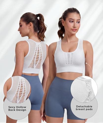 SEASUM Women's Longline Sport Bra Seamless Yoga Crop Top Medium-Low Support Workout Bra, #1 White, Small — view 3