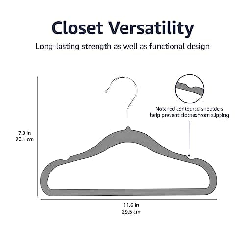 Amazon Basics Kids Velvet, Non-Slip Clothes Hangers (baby/toddler), 11.6 Inches (for baby clothes), Pack of 30, Gray — view 3