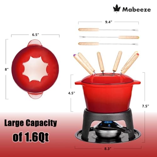 Mabeeze Cast Iron Fondue Pot Set Red Enameled 1.6 Qt for Cheese, Chocolate, or Meat: Includes 6 Fondue Forks — view 2