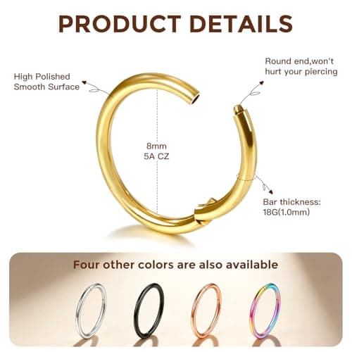 TOOUT Titanium Septum Ring 5pcs, 18g Nose Rings Hoops for Women Men, Hypoallergenic Septum Rings Septum Hoop Daith Cartilage Conch Ring Tragus Helix Rook Piercing Jewelry 8mm — view 2