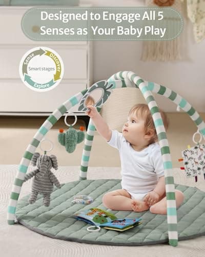 Baby Play Gym Mat, Tummy Time Activity Mat with 6 Detachable Toys for Stage-Based Sensory and Motor Skill Development, Washable Play Mats for Infant, Newborn Baby Essentials, Sage Green — view 2
