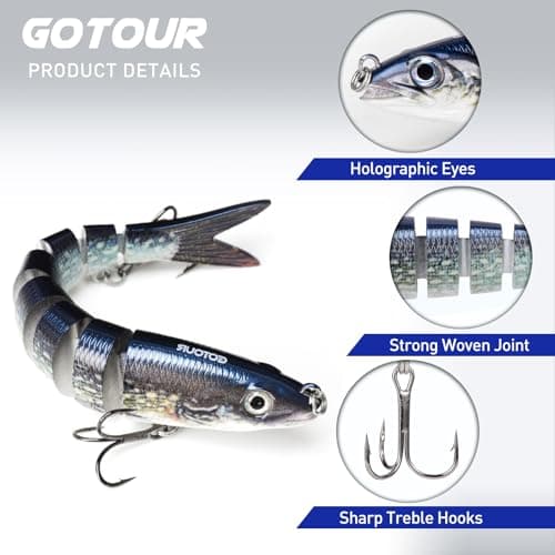 GOTOUR Fishing Lures, Full-Size Multi Jointed Swimbait, Slow Sinking Segmented Bass Fishing Lure, Swimming Fishing Lure Freshwater or Saltwater, Perch Pike Walleye striped Bass Lures, Fishing Bait Kit — view 2