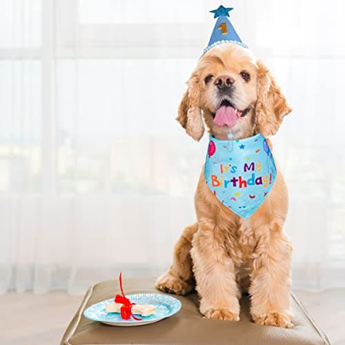 Yicostar Dog Birthday Party Supplies, Dog Birthday Bandana Set, Dog Boy Girl Birthday Party Hat with Numbers for Large Medium Small Dogs Pet (Blue) — view 5