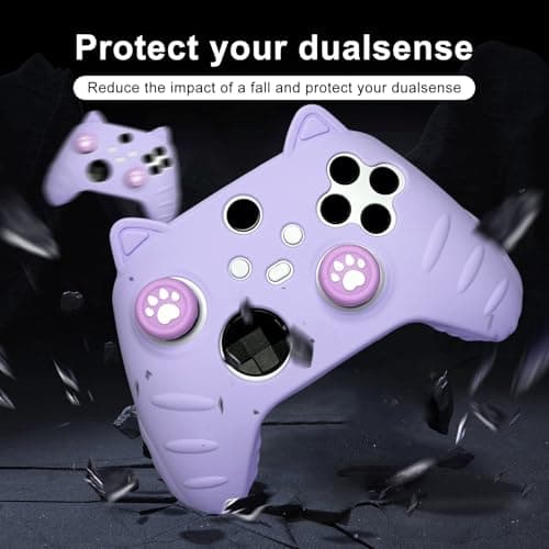 HLRAO Purple Cat Ear Xbox Series Controller Cover - Cute Silicone Skin with Cat & Paw Prints + 2 Matching Cat Paw Thumbstick Caps | Kawaii Cute Stickers Non-Slip Grip for Xbox Series X/S Controller — view 2
