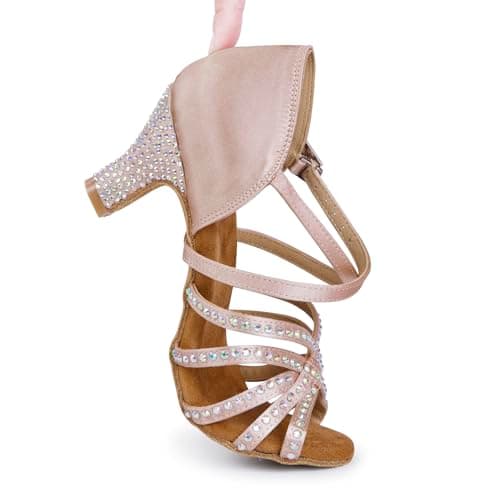 KleeKlcc Rhinestone Ballroom Dance Shoes Women Latin Salsa Dancing Shoes Practice Dance Heels ZB07, Nude-2.5 Inch Heel, 7 — view 3