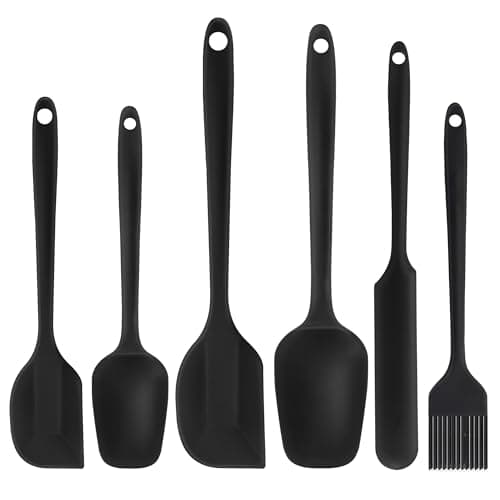 Silicone Spatula Set 6 Pack Food Grade Kitchen Utensils with Silicone Brush Heat Resistant BPA-Free Rubber Kitchen Spatula for Scraping,Baking,Cook,Mixing,Pancake,Jar,Dishwasher Safe,Nonstick,Black