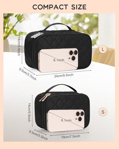 Relavel Small Makeup Bag, Travel Cosmetic Bag with Makeup Brush Compartment, Cute Make Up Pouch for Women, Double Layer Toiletry Organizer for Short Trip, Office - Black — view 5
