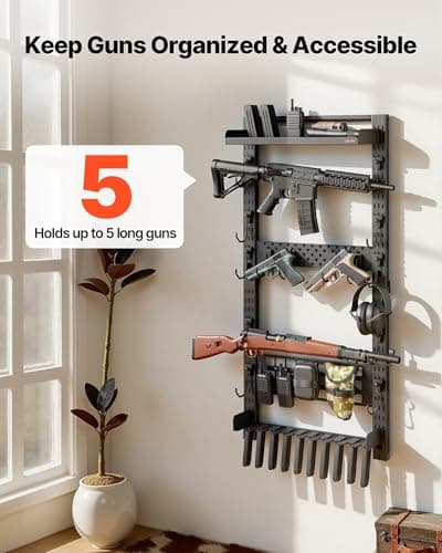 VEVOR Gun Rack Wall Mount, Heavy Duty Steel, Indoor Rifle Shotgun Rack with Magazine Holder, MOLLE Panel, Gun Accessories Display Storage Holder, Hold Up to 5 Rifles or Shotguns, for Tactical Gear