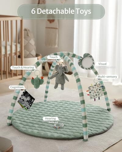 Baby Play Gym Mat, Tummy Time Activity Mat with 6 Detachable Toys for Stage-Based Sensory and Motor Skill Development, Washable Play Mats for Infant, Newborn Baby Essentials, Sage Green — view 3