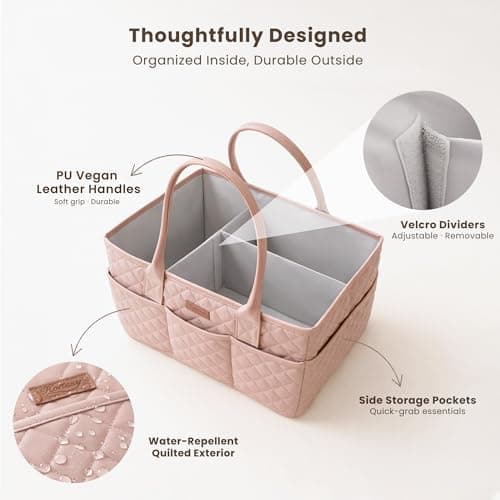 Konssy Quilted Diaper Caddy Organizer, Diaper Caddy Basket with PU Leather Handles, Water-Repellent Nursery Storage Basket, Portable Car Organizer, Registry Search Must Haves (Blush Pink) — view 2